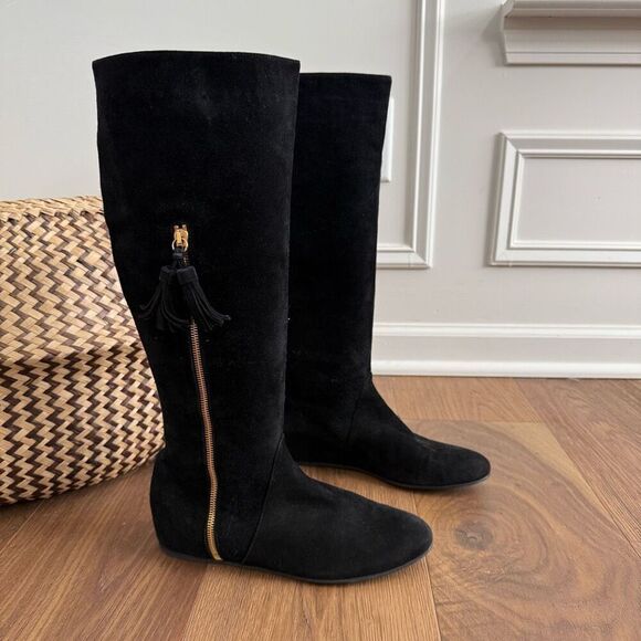 Stuart Weitzman Boot Tass Hidden Wedge Black Suede Gold Zipper Boot $695 6.5 - Picture 2 of 9